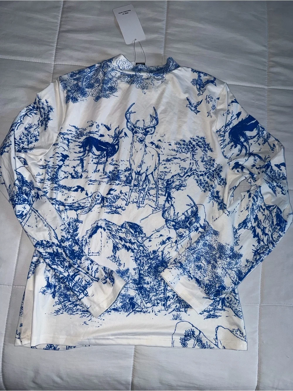 Blue & White Deer Printed Pleated Skirt and Long Sleeve Top Set - XL